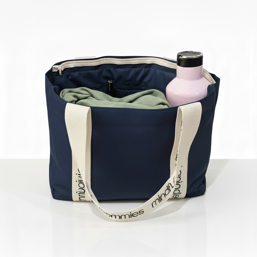 Mindfull Mommies Everyday Reusable Canvas Tote Bag with a Zipper - Blue with a Graphic