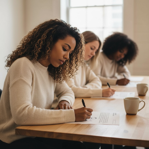 Three women sitting at a table, writing on journal pages.