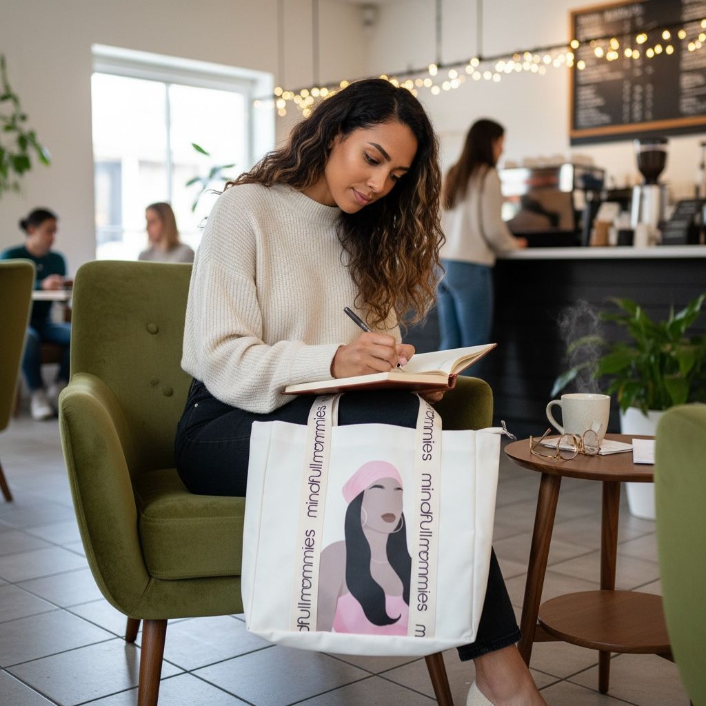 Woman sitting in a cafe, writing in a notebook with a Mindfull Mommies tote bag on her lap.
