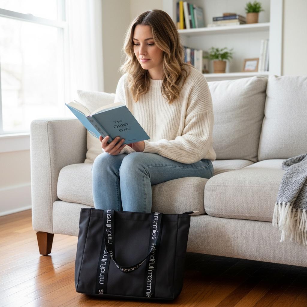 Woman reading a book on a couch with a black Mindfull Mommies tote bag beside her