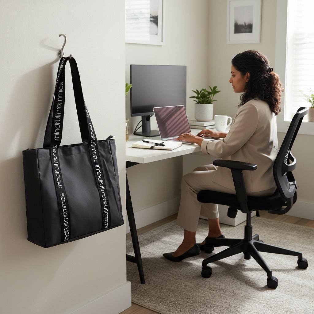 Woman working at a desk with a laptop, and a black Mindfull Mommies tote bag hanging on the wall