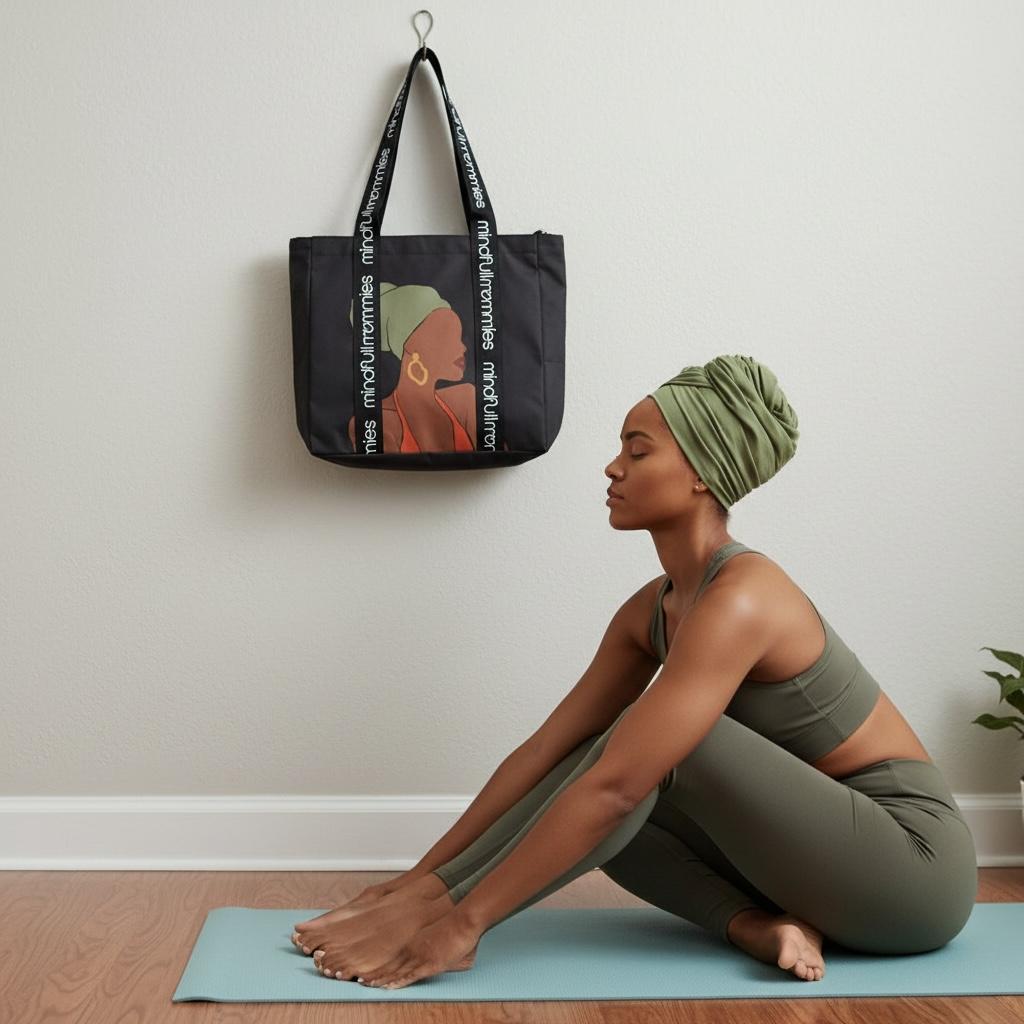 Woman in green athletic wear sitting on a yoga mat with a black Mindfull Mommies tote bag hanging on the wall behind her.