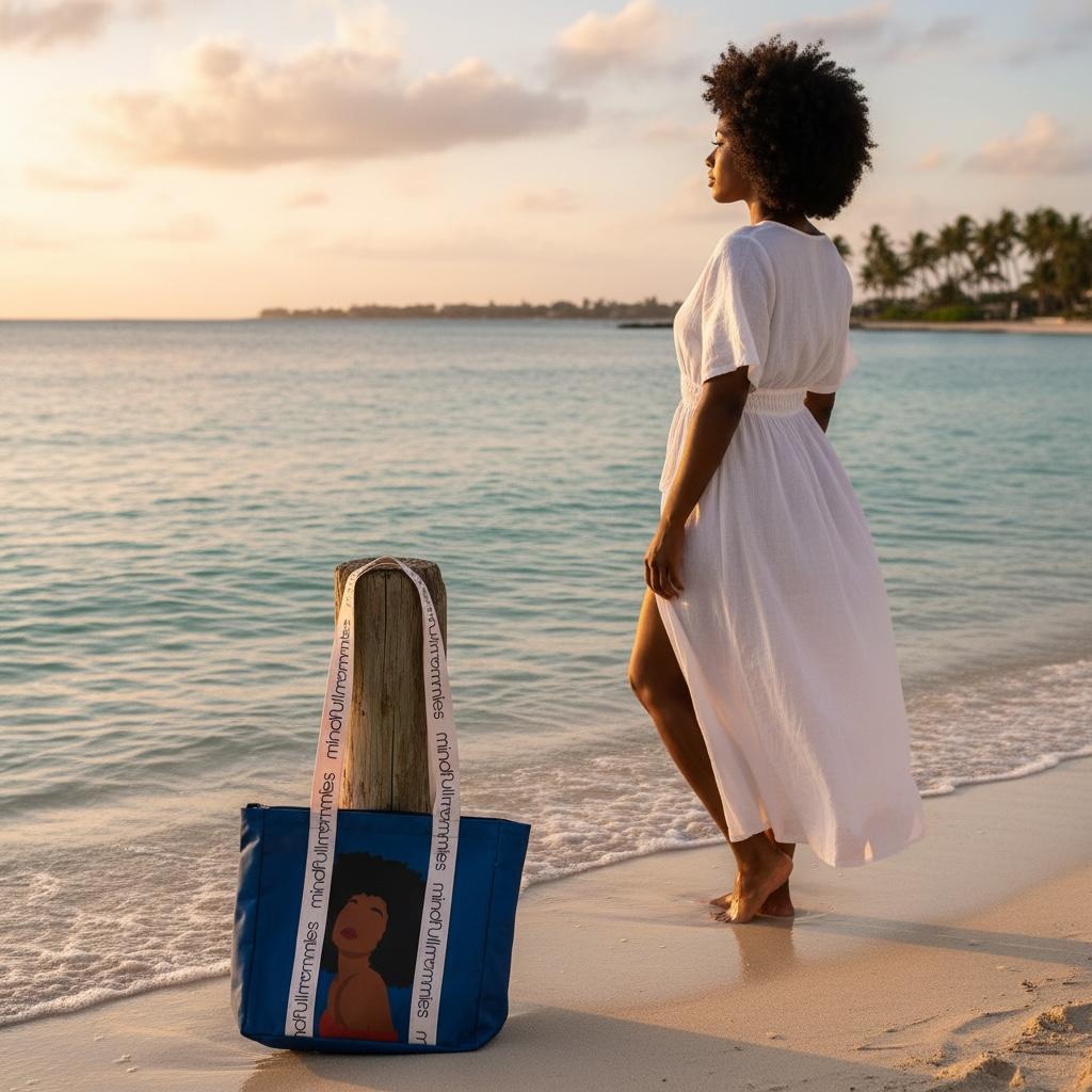 Woman in a white dress standing on a beach with a blue Mindfull Mommies tote bag featuring an illustration of a woman.
